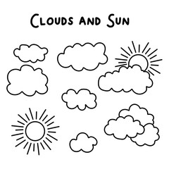 Hand drawn set with clouds and sun in doodle style