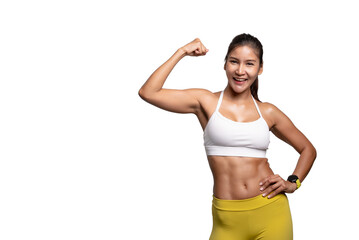Fototapeta na wymiar Shot of smiling young sporty Asian woman fitness model in white-top sportswear showing hand biceps muscles isolated on white background. Fitness and healthy lifestyle concept.