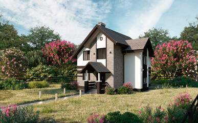 Village style house. Beautiful landscape and wonderful outlook. Located in a picturesque area. 3d render