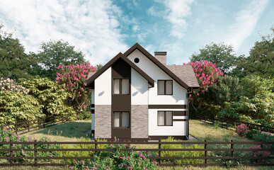 Fototapeta na wymiar Village style house. Beautiful landscape and wonderful outlook. Located in a picturesque area. 3d render