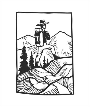 Vector illustration of man with backpack on background of landscape.  Stamp for camping design. Sketch with traveler in the mountains.
