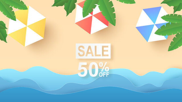 Summer sale time background. Blue sea and beach with stuff for summer. Paper cut and craft style illustration. Top view
