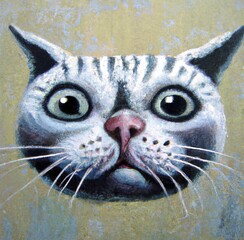 Oil painting big head cat portrait. Funny art illustration. Animal face avatar. Child fairytale drawing. Illustration for print on poster, card, canvas, cover. Surreal artwork