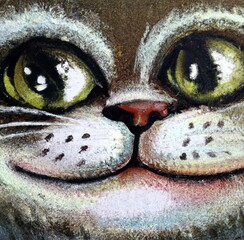 Oil painting big head cat portrait. Funny art illustration. Animal face avatar. Child fairytale drawing. Illustration for print on poster, card, canvas, cover. Surreal artwork