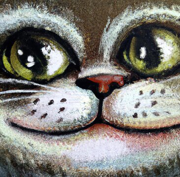 Oil painting big head cat portrait. Funny art illustration. Animal face avatar. Child fairytale drawing. Illustration for print on poster, card, canvas, cover. Surreal artwork