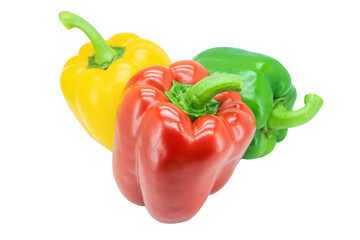 Yellow, Red, Green, bell pepper or sweet pepper or capsicum isolated on white background with clipping path..