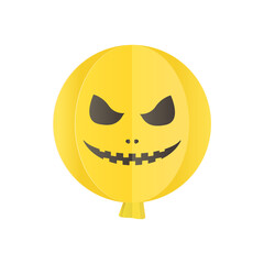 Paper cut yellow balloon elements with scary face for halloween on white background. Paper cut and craft style illustration