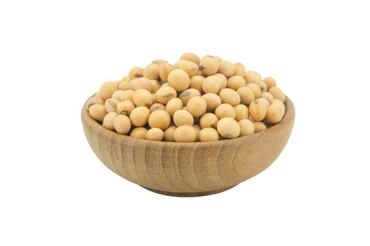 Soy beans in bowl wood isolated on white background with clupping path