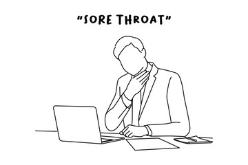 Cartoon of young businessman working with laptop at desk in the office, hand at his neck, feeling unwell. line art style