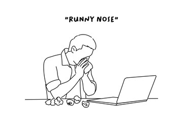 Drawing of sick entrepreneur blowing in a wipe at office with a lot of used wipes on the desk. line art style