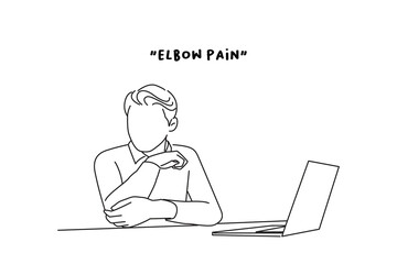 Illustration of young man suffering from elbow pain in office. line art style