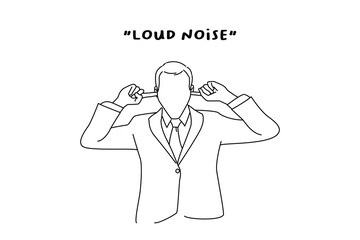 Drawing of business man covering her ears. Outline drawing style art