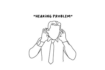 Cartoon of young businessman wearing tie and glasses standing trying to hear both hands on ear gesture. line art style