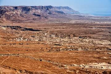 Holy Land of Israel. View from Fortress Massada. Ruin of Roman legions camp.