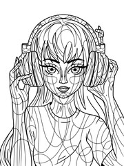 Girl in big headphones isolated. Freehand sketch for adult antistress coloring page with doodle and zentangle elements.