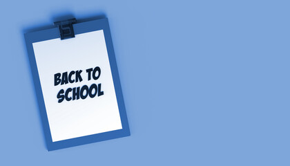 Banner with notepad and the text back to school. 3D illustration.