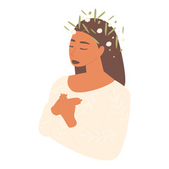 Flat vector cartoon illustration of a woman with flowers in her head. Women's mental health. Mindfulness, positive thinking, self-care. The concept of healing the mind.