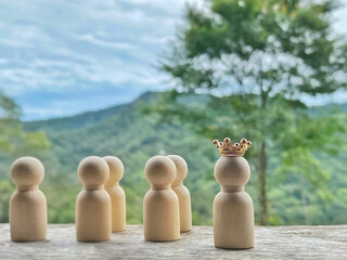 Image of wooden toy with crown background. Leadership concept. Stock photo.