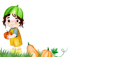 watercolor drawing, banner, frame on the theme of autumn, thanksgiving day. cute baby in a pumpkin costume, green grass and pumpkins. halloween