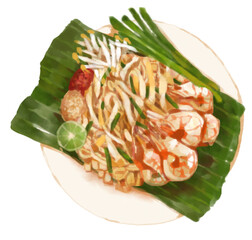 Hand drawn watercolor Thai food , Pad Thai. 