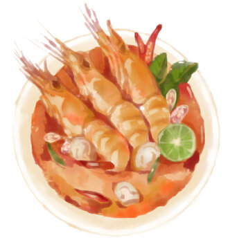 Hand drawn watercolor Thai food,Tom Yam Kung. 