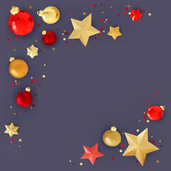 Festive xmas background with 3D realistic golden and red bauble balls and metal christmas stars.
