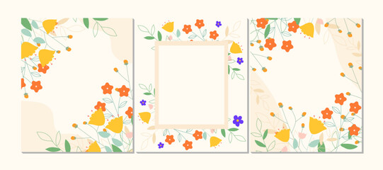Set of wedding invitation card background with flowers and botanical leaves, organic shapes, vibrant colors. Vector background design for wedding and cover template, picture.