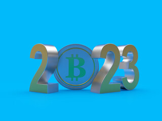 Numbers 2023 with bitcoin on a blue background. 3d illustration