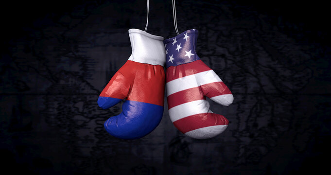 Hanging boxing gloves with the russian flag and the flag of the United States of America illustrate the tensions between the two countries - 3d illustration