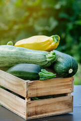 Green and yellow zucchini harvest in wooden box at green garden background. Copyspace