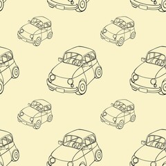  Seamless minimalistic pattern with drawn cars. Linear print for children's textiles, wallpaper, postcards, clothes, posters, screensavers. Children's seamless pattern.