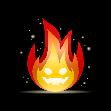 Devil smile fire flame burning illuminated with sparkle Halloween on dark black background vector design.