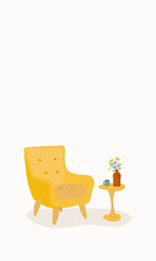 Interior design with Modern vintage cozy yellow armchair and small table with vase, flowers, cup. Interior elements, calm place on white background. Flat vector illustration, furniture elements.