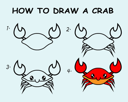 Step by step to draw a Crab. Drawing tutorial a Crab. Drawing lesson for children. Vector illustration	