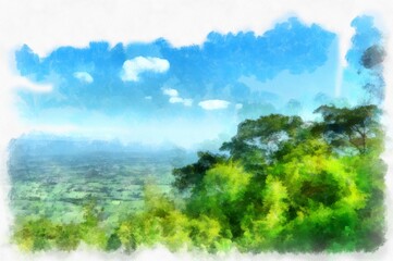Fototapeta premium The mountain landscape has forests and land watercolor style illustration impressionist painting.