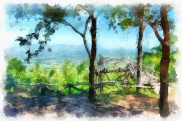 Obraz premium The mountain landscape has forests and land watercolor style illustration impressionist painting.