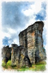 landscape of large natural stone blocks in nature watercolor style illustration impressionist painting.