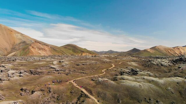 Famous Icelandic landscape in highlands, Landmannalaugar area - Iceland. Green lava fields and mountains on the background, aerial view from drone