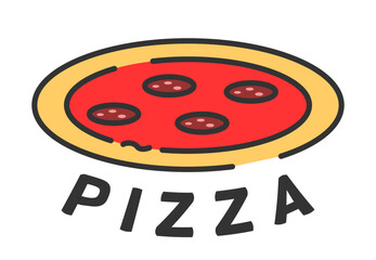 italian pizza street food logo with elements of food: cheese, wine, olives, mushrooms, basil, tomato. Vector illustration