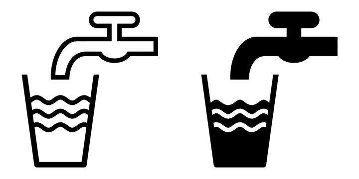 ofvs74 OutlineFilledVectorSign ofvs - drinking water icon . isolated transparent . faucet sign . water flowing from a tap into a glass . black outline and filled version . AI 10 / EPS 10 . g11383