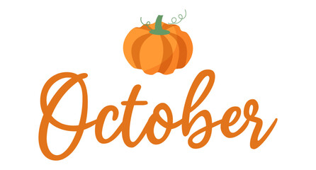 Hello october. Autumn word on white background With  pumpkin. Hand drawn Calligraphy lettering Vector illustration