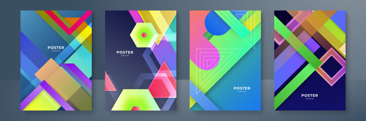 Collection of bright groovy posters 70s. Retro poster with psychedelic landscapes with rainbow and sun, vintage prints, isolated