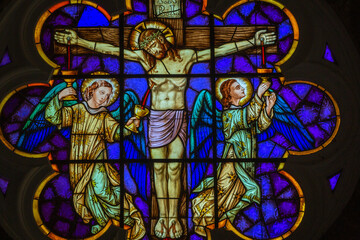 Jesus Christ crucified stained glass inside St Peter Church in Gramado, Brazil