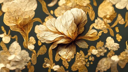 4K golden floral background, abstract vintage flower design, mural art, gold nature, 3D illustration, 3D render.