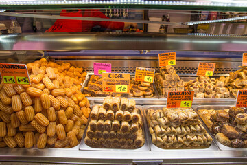 various fresh, organic, dehydrated and healthy products in a public market in Barcelona