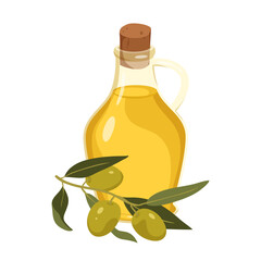 Olive oil in bottle and branch with fruit and green leaves vector illustration. Cartoon isolated glass jar with cork lid and natural extra virgin oil for cooking, condiment and culinary ingredient