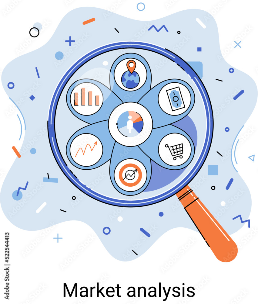 Poster market statistics data analysis metaphor marketing strategy development. business research. identify