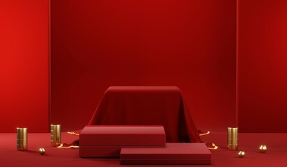 3D rendering of blank product background for cream cosmetics Modern red podium background