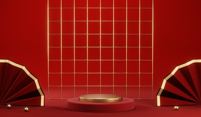 3D rendering of blank product background for cream cosmetics Modern red podium background - obrazy, fototapety, plakaty