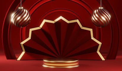 3D rendering of blank product background for cream cosmetics Modern red podium background - obrazy, fototapety, plakaty